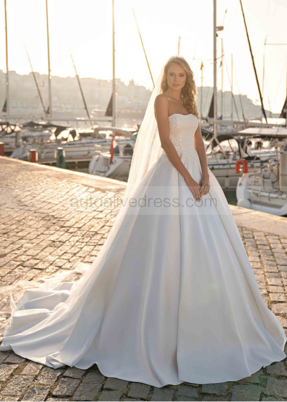 Strapless Beaded Ivory Lace Satin Unique Wedding Dress